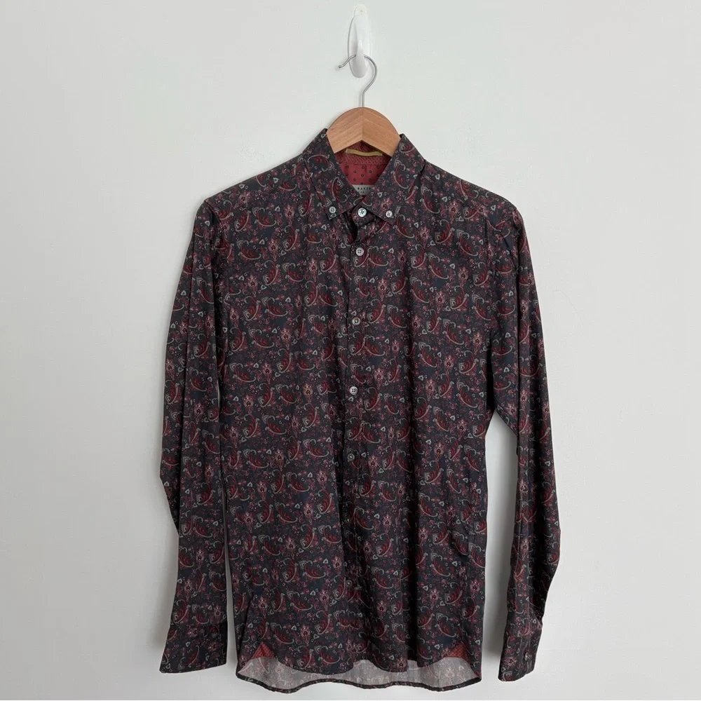 Ted Baker Mens Paisley Long Sleeve Shirt Size 2 36 Small Navy Blue Burgundy - Picture 1 of 13